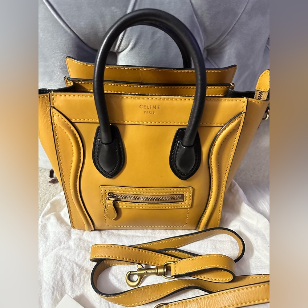 Celine Mustard/Black Leather Nano Luggage Tote